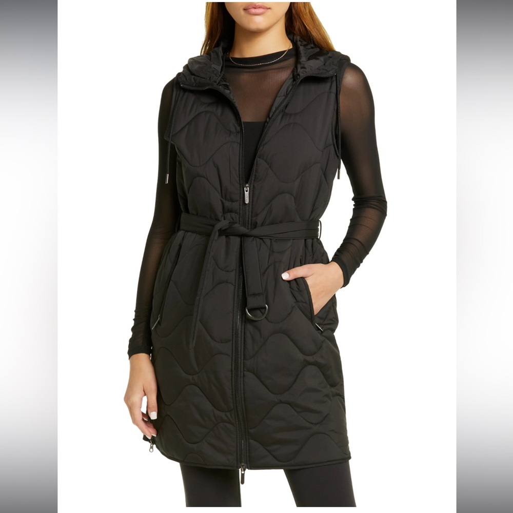 Zella Belted Quilted Longline Vest Size XS Black